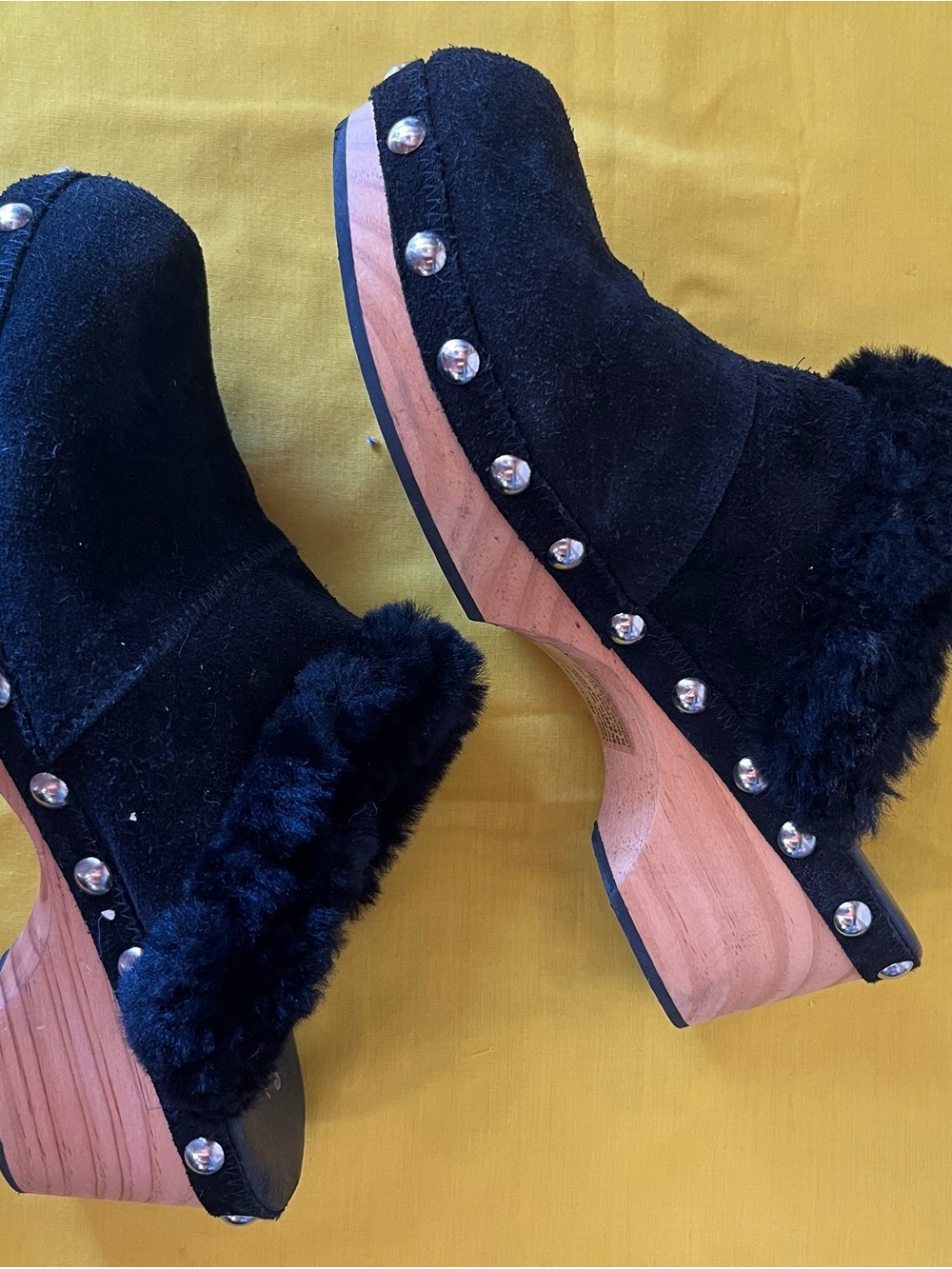 Free People Black Suede Shearling Studded Clog Mules